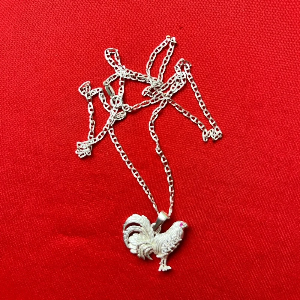 925 Sterling Silver‎ Rooster Charm Pendant Cubic zircon and chain necklace